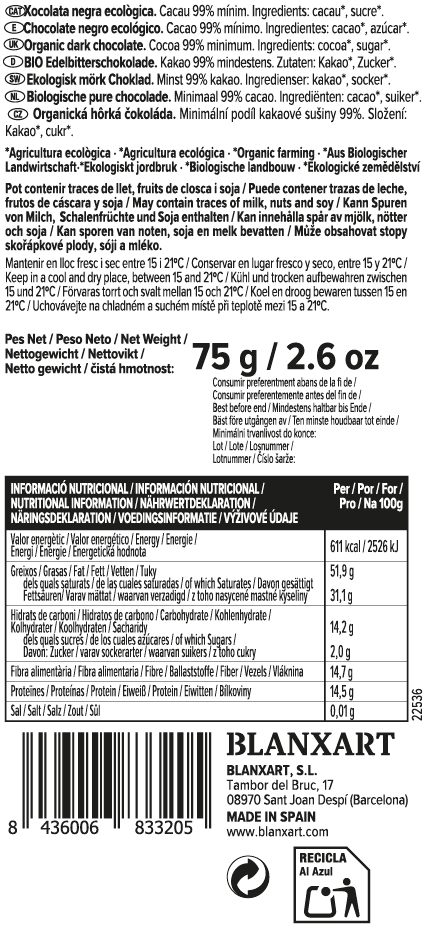 Chocolate Negro 99% Vegano Sin gluten ECO Blanxart 75 g
