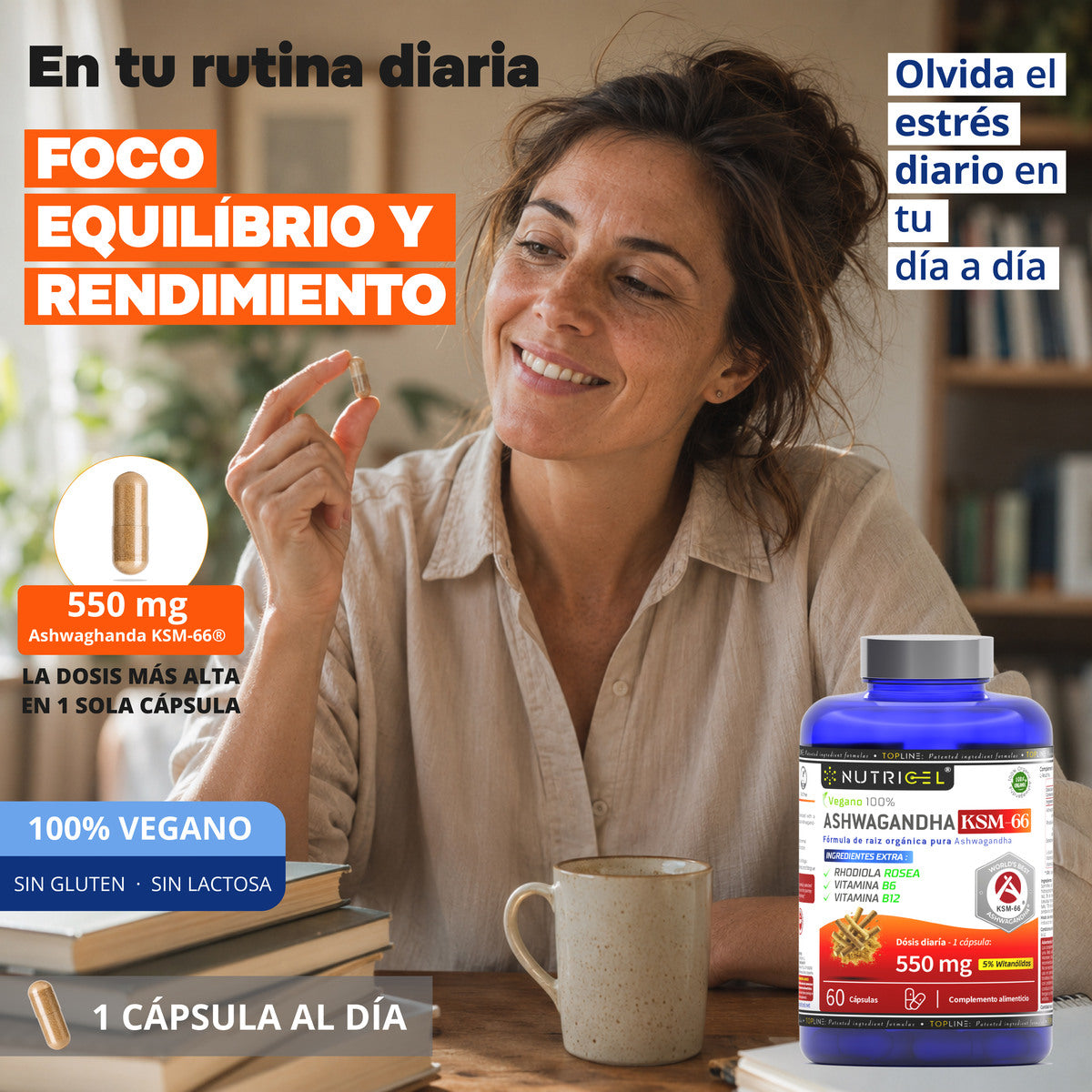 Ashwagandha KSM-66® 550mg 5% Witanólidos + Rhodiola Nutricel 60 cápsulas