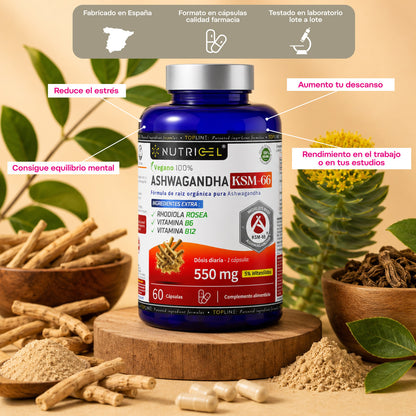 Ashwagandha KSM-66® 550mg 5% Witanólidos + Rhodiola Nutricel 60 cápsulas
