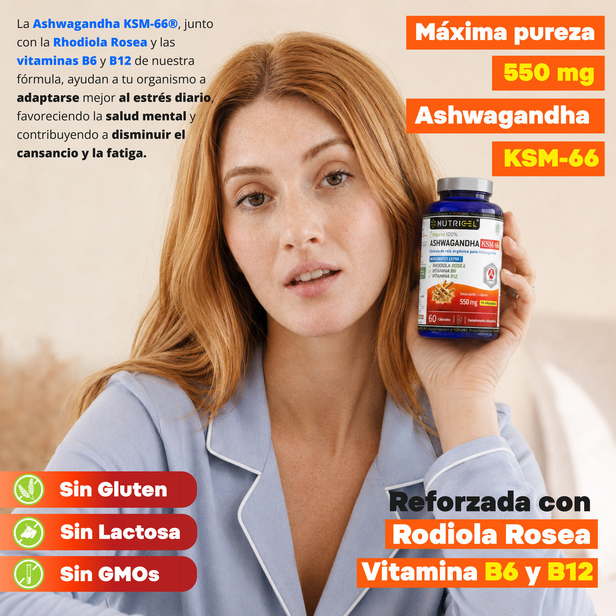 Ashwagandha KSM-66® 550mg 5% Witanólidos + Rhodiola Nutricel 60 cápsulas