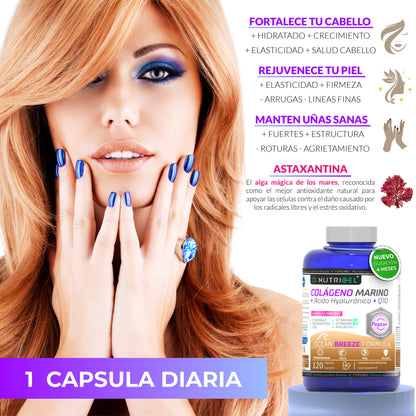 Colágeno marino Peptan® + Ácido hialurónico + CoQ10 Nutricel 120 cápsulas