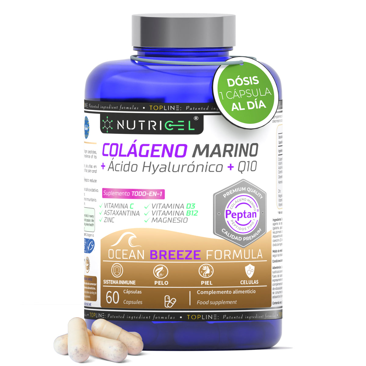 Colágeno marino Peptan® + Ácido hialurónico + CoQ10 Nutricel 60 cápsulas