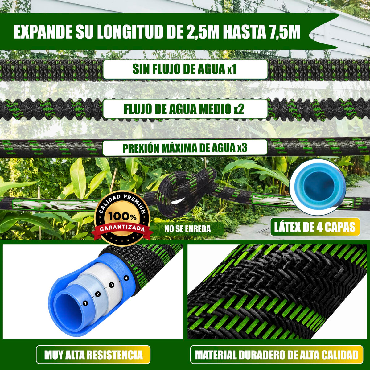 GREEN GOF Manguera De Jardín Premium 7,5m. 10 Funciones De Pulverización, Ligera, Extensible. Alta Resistencia. Verde_2