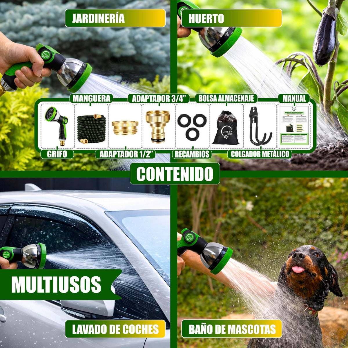 GREEN GOF Manguera De Jardín Premium 7,5m. 10 Funciones De Pulverización, Ligera, Extensible. Alta Resistencia. Verde_4