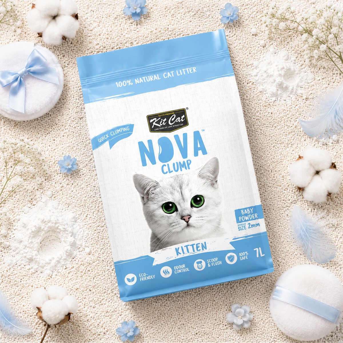 Pack 6 Kit Cat Arena Eco Nova Clump - Kitten Baby Powder 7 L Arena para gatos - Granulado fino Fragancia Suave
