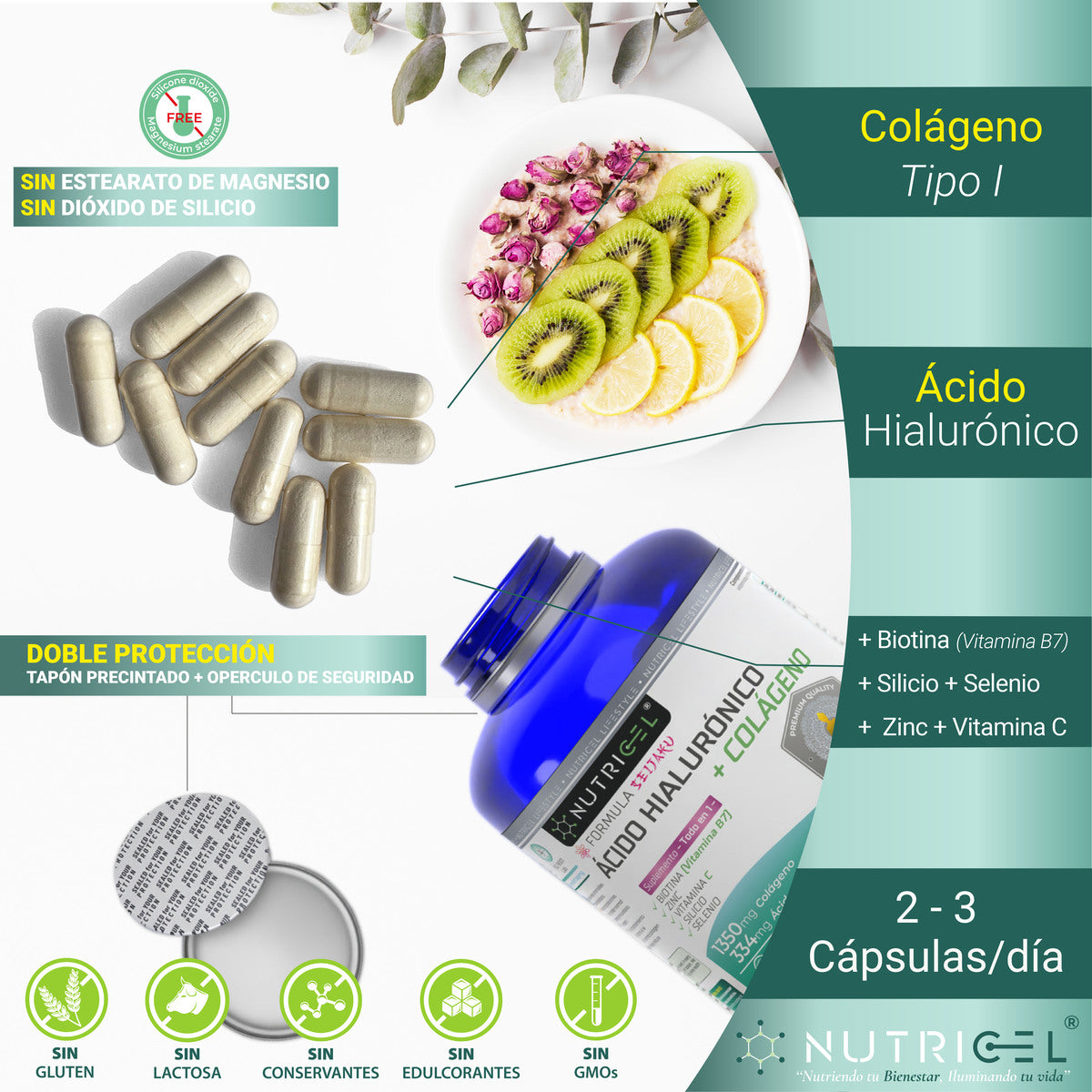 Ácido hialurónico con colágeno hidrolizado y biotina Nutricel 180 cápsulas