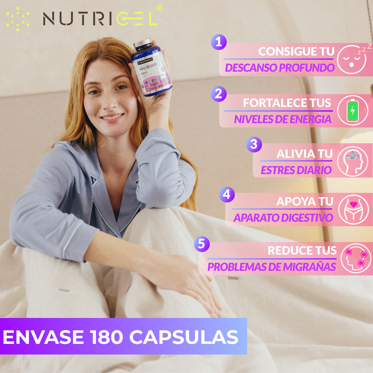 Magnesio Plus Citrato 1577mg + Bisglicinato Nutricel 600mg 180 cápsulas