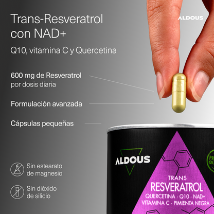 Resveratrol 600 mg con Vitamina C, Q10, Quercetina y NAD+ 90 Cápsulas Aldous Bio