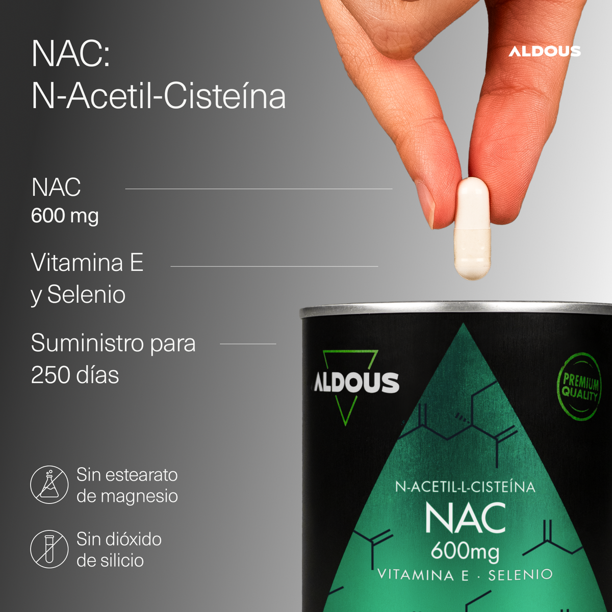 NAC N-Acetil-Cisteína con Vitamina E y Selenio 250 Cápsulas Aldous Bio