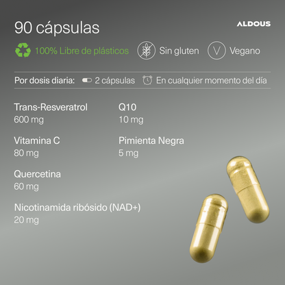 Resveratrol 600 mg con Vitamina C, Q10, Quercetina y NAD+ 90 Cápsulas Aldous Bio