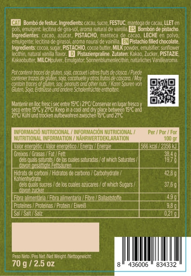 Praliné de Pistacho cremoso con Chocolate Negro 75% Blanxart 70 g