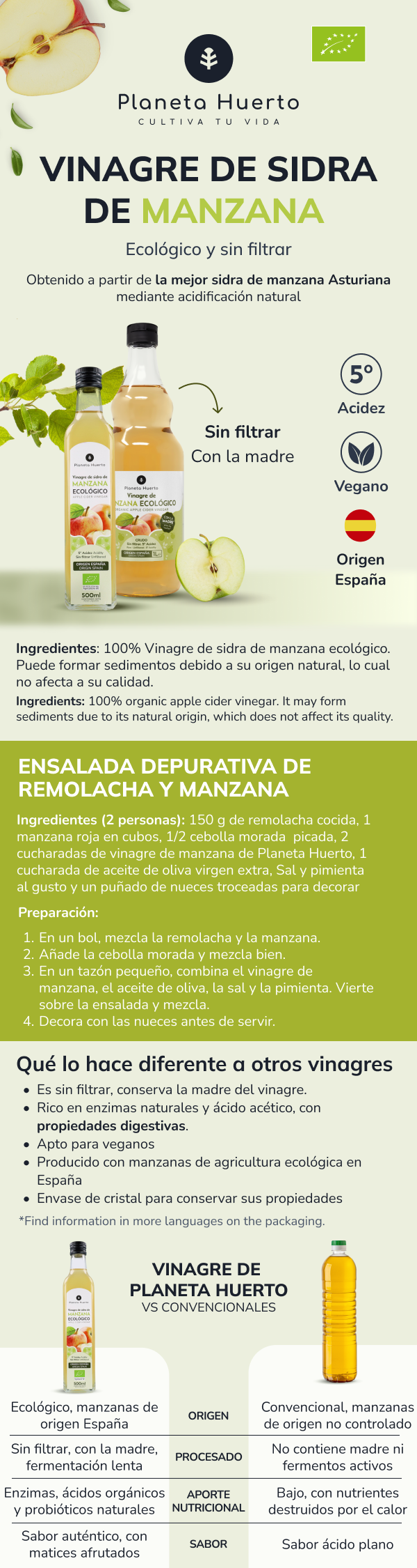 Vinagre de sidra de manzana sin filtrar ECO Planeta Huerto 500 ml