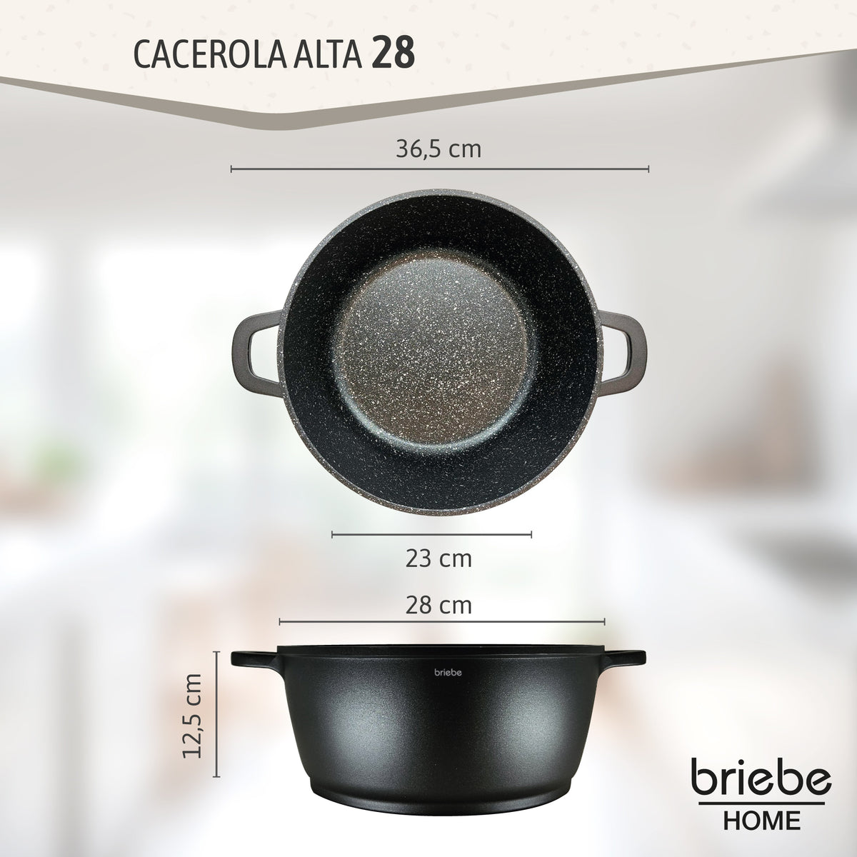Briebe Cacerola Cocina Inducción Antiadherente Titanio, Cazuela 28cm, Aluminio Fundido Sin Pfoa, Tapa, Black Titanium_2