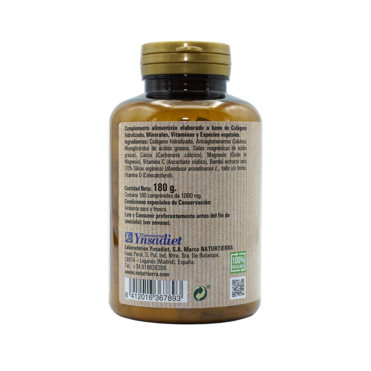 Colágeno con magnesio + Silicio orgánico + Vitamina C y D, 180 comprimidos. NaturTierra
