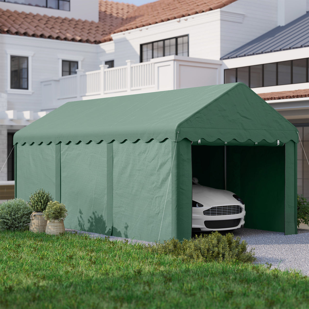Garaje Exterior Coche Outsunny Poliéster, Acero Galvanizado Verde 594x300x280 Cm_3