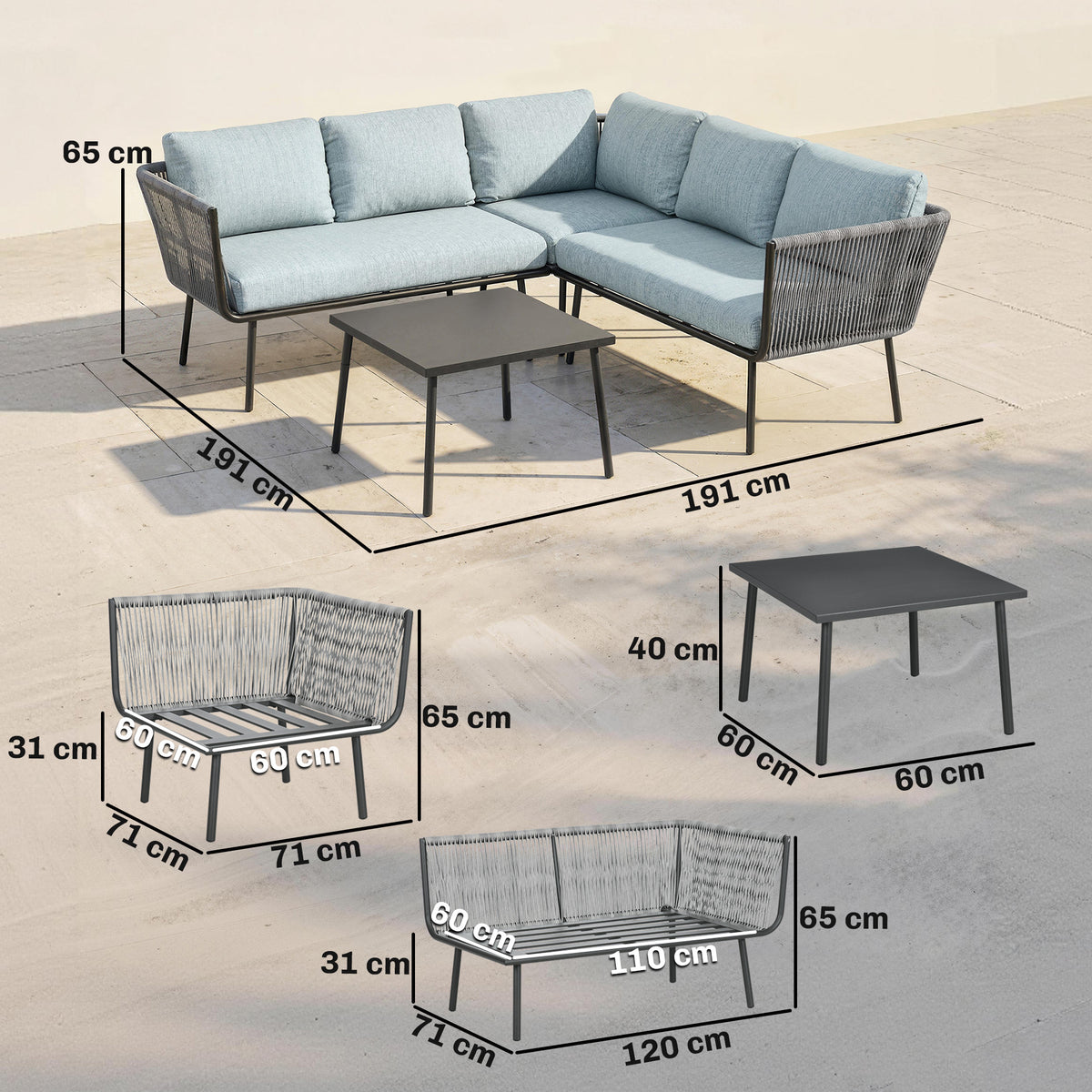 Conjunto De Jardín Outsunny Ratán Pe, Aluminio Azul Claro 191x191x65 Cm_2