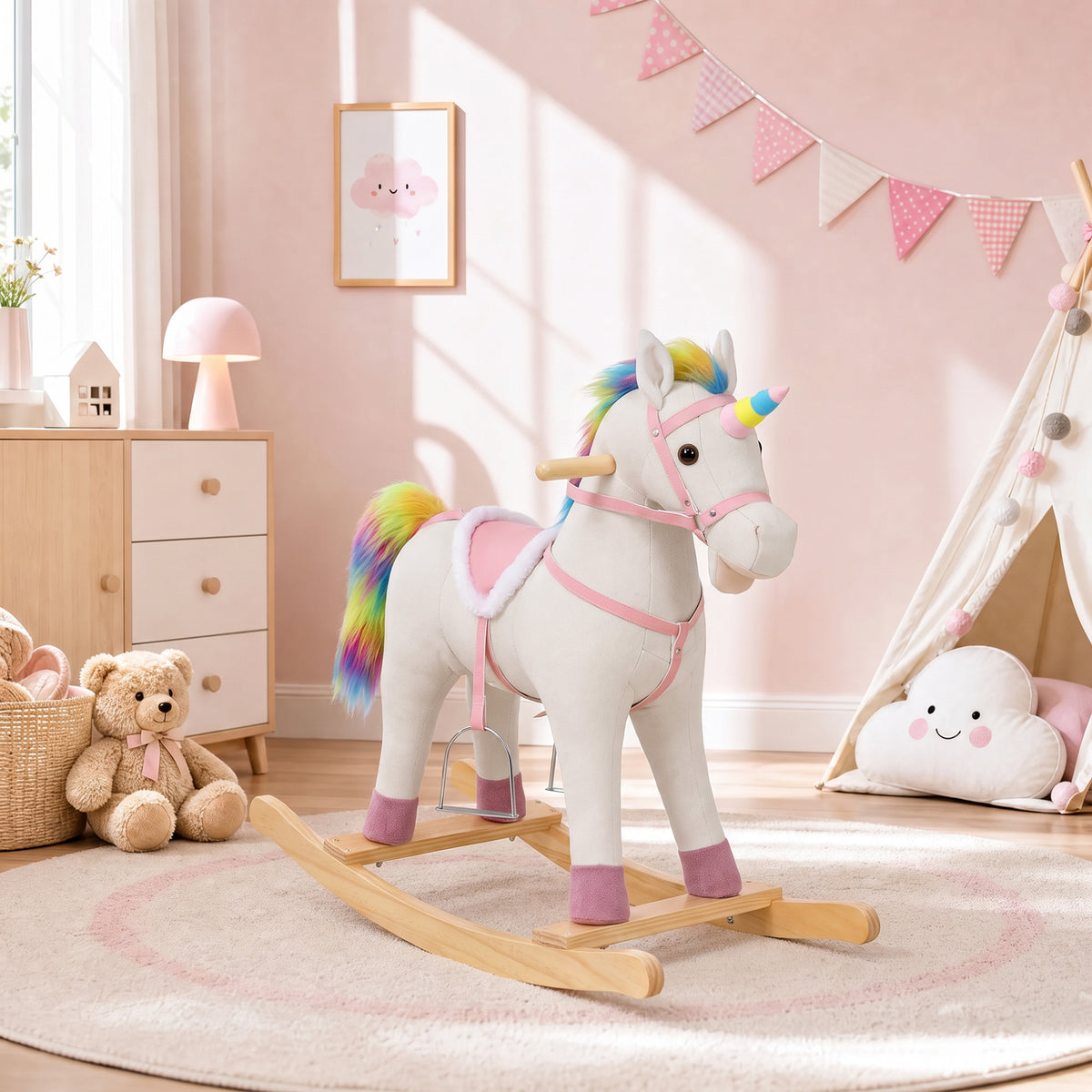 Aiyaplay Cavalinho De Baloiço Para Bebés Em Madeira Maciça E Linho Sintético Creme 71x30x68 Cm_1
