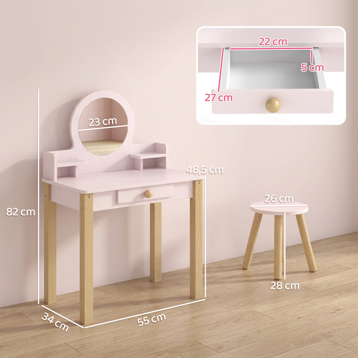Tocador Infantil Aiyaplay Mdf, Madera De Pino Rosa 55x34x82 Cm_2