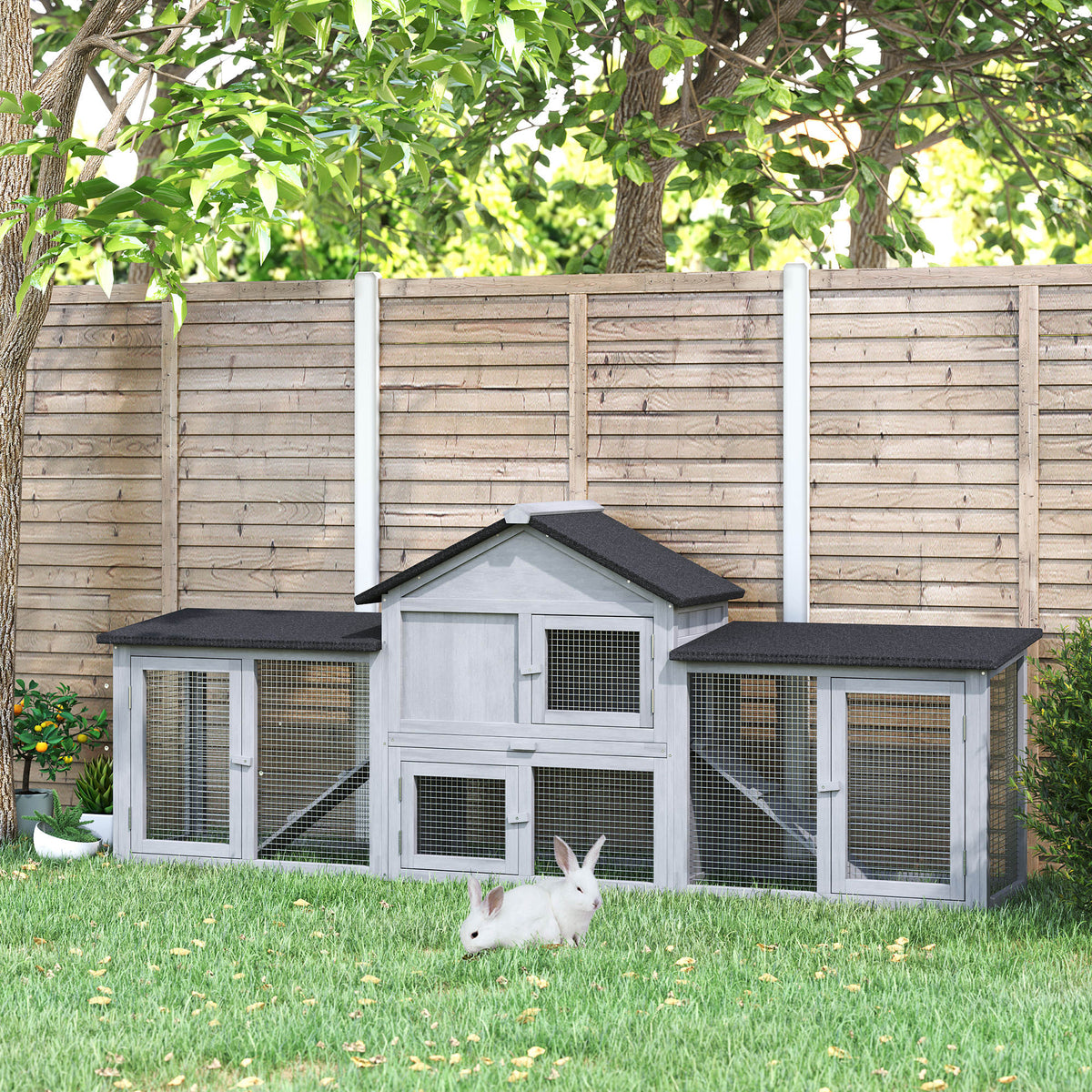 Conejera Exterior Madera Para 2-4 Conejos Pawhut 210x45,5x84,5 Cm Gris_1