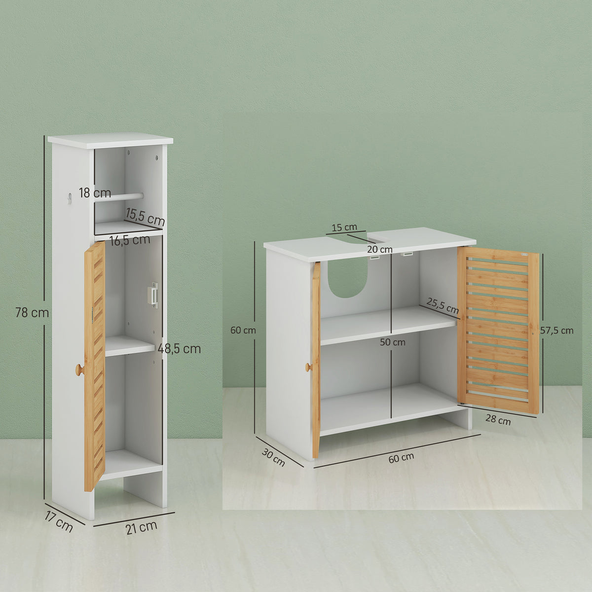 Conjunto De Baño Homcom Mdf, Bambú Blanco 21x17x78 Cm_2