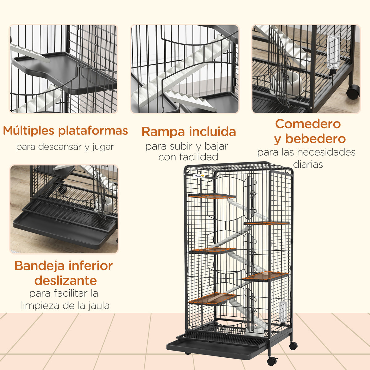 Jaula Animales Pequeños Pawhut Metal Negro 64x43.5x131 Cm_5