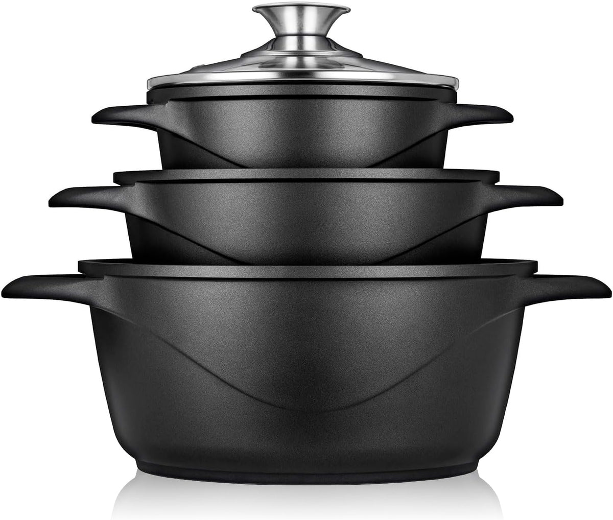 Briebe Batería De Cocina Inducción 6 Piezas Aluminio Fundido 3 Ollas Con Tapa De Cristal Antiadherente, Mgk-18, Negro_0