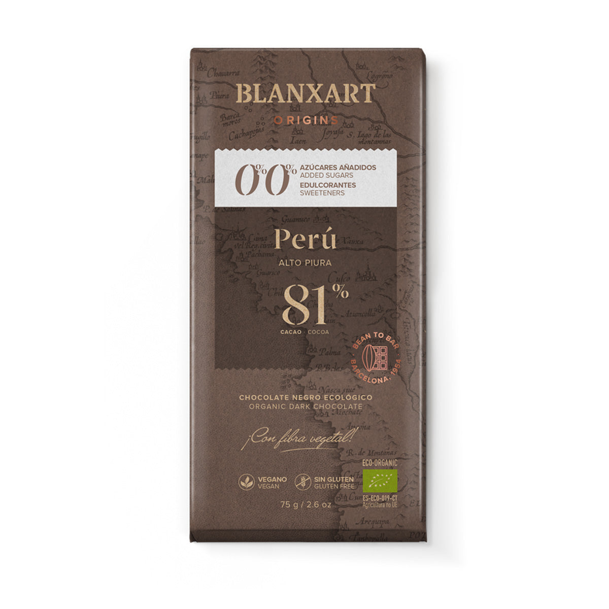 Chocolate Perú 81% sin azúcar sin edulcorante Eco Vegano Sin gluten Blanxart 75g
