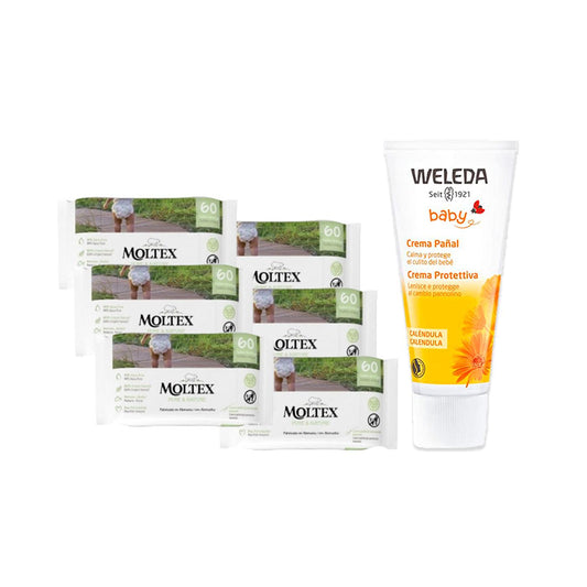 PACK ESPECIAL Crema de Pañal de Caléndula Weleda 75ml + Pack 6 x Toallitas Moltex Pure & Nature 60 Uds
