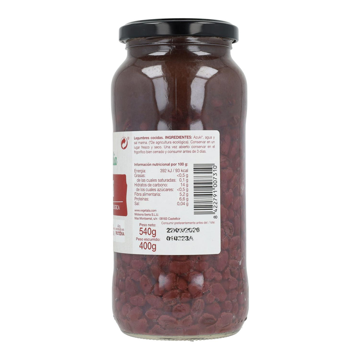 Azukis Cocidos Ecológicos Vegetalia 540g