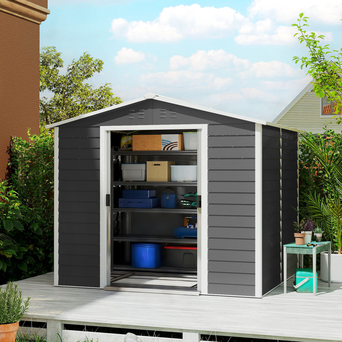 Cobertizo De Jardín Outsunny Acero Galvanizado Gris Oscuro 240x206x198 Cm_1