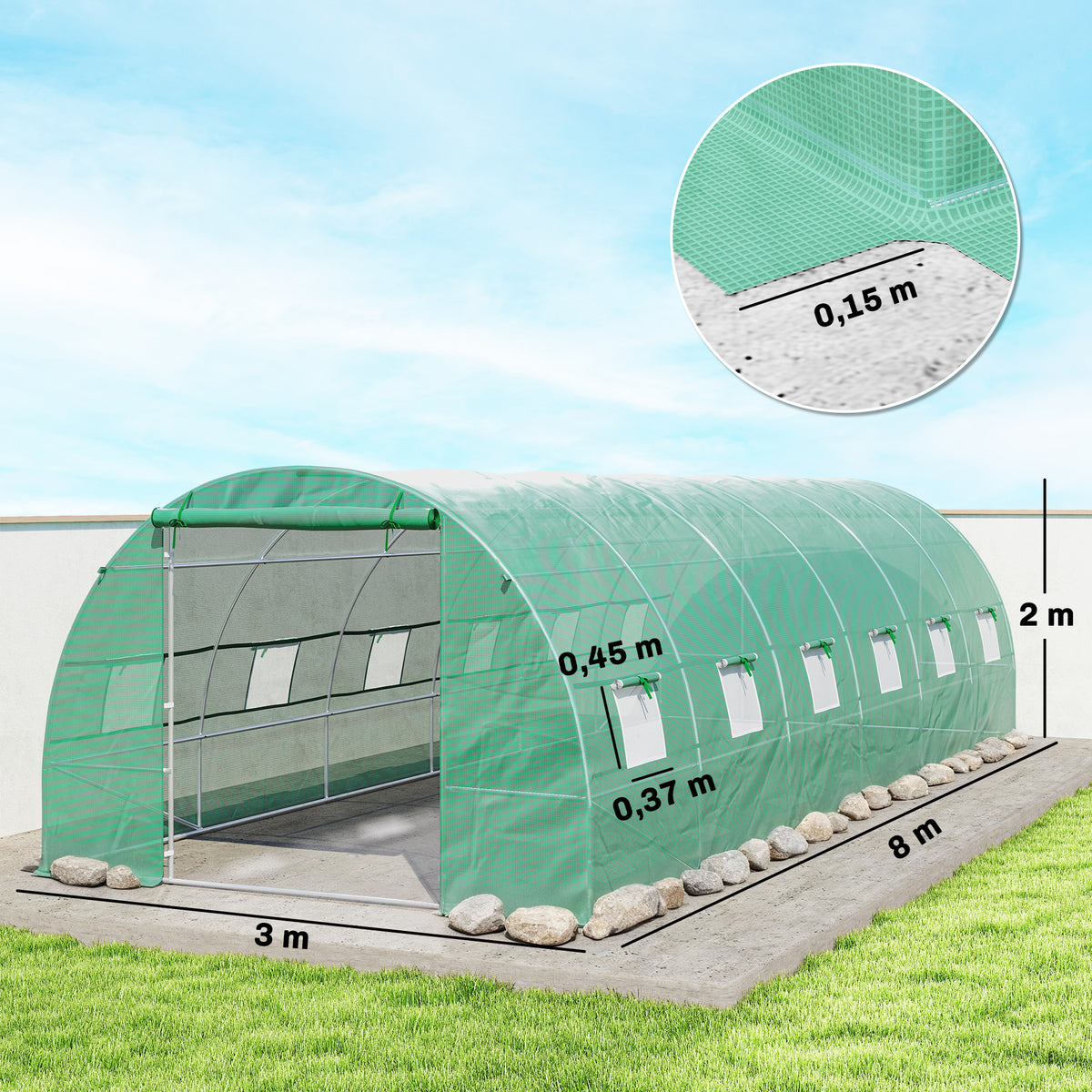 Invernadero De Túnel Jardín Con 12 Ventanas Outsunny 8x3x2m Verde_2