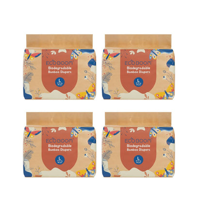 ECOBOOM- Pañal Ecológico de BAMBÚ Eco Boom. 70% Biodegradable, Hipoalergénico (TALLA 4/L, 9-14 KG, PACK DE 4 BOLSAS, TOTAL 120 PAÑALES)