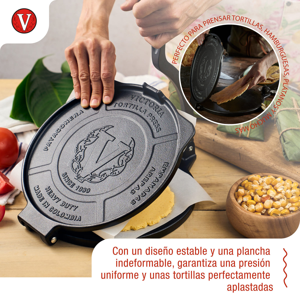 Victoria Prensa Tortillera Para Tortillas Mexicanas Hierro Fundido Hd Curado 20cm, Pataconera Colombiana, 34214, Negro_2