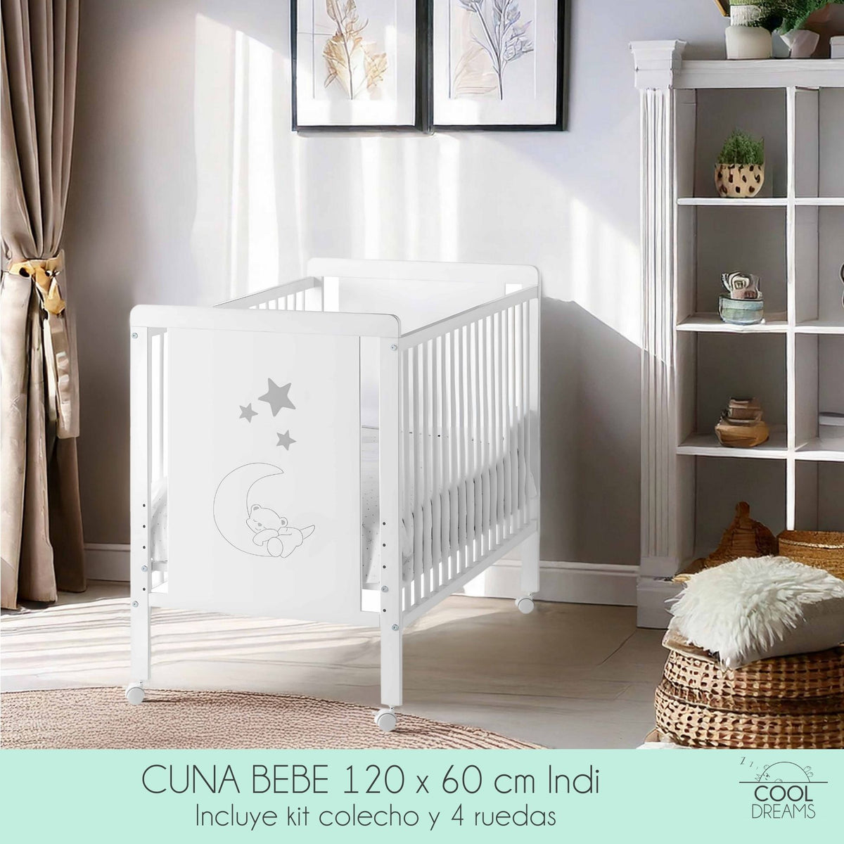 Cuna Colecho De Bebé Indi Estilo Nórdico 120x60 Cm, Con Kit Colecho, 4 Ruedas Y Kit De Barandillas Para Cama Infantil_4
