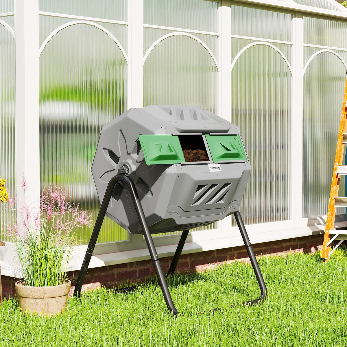 Compostador De Tambor Outsunny Acero, Pp Gris 71x64x96 Cm_1