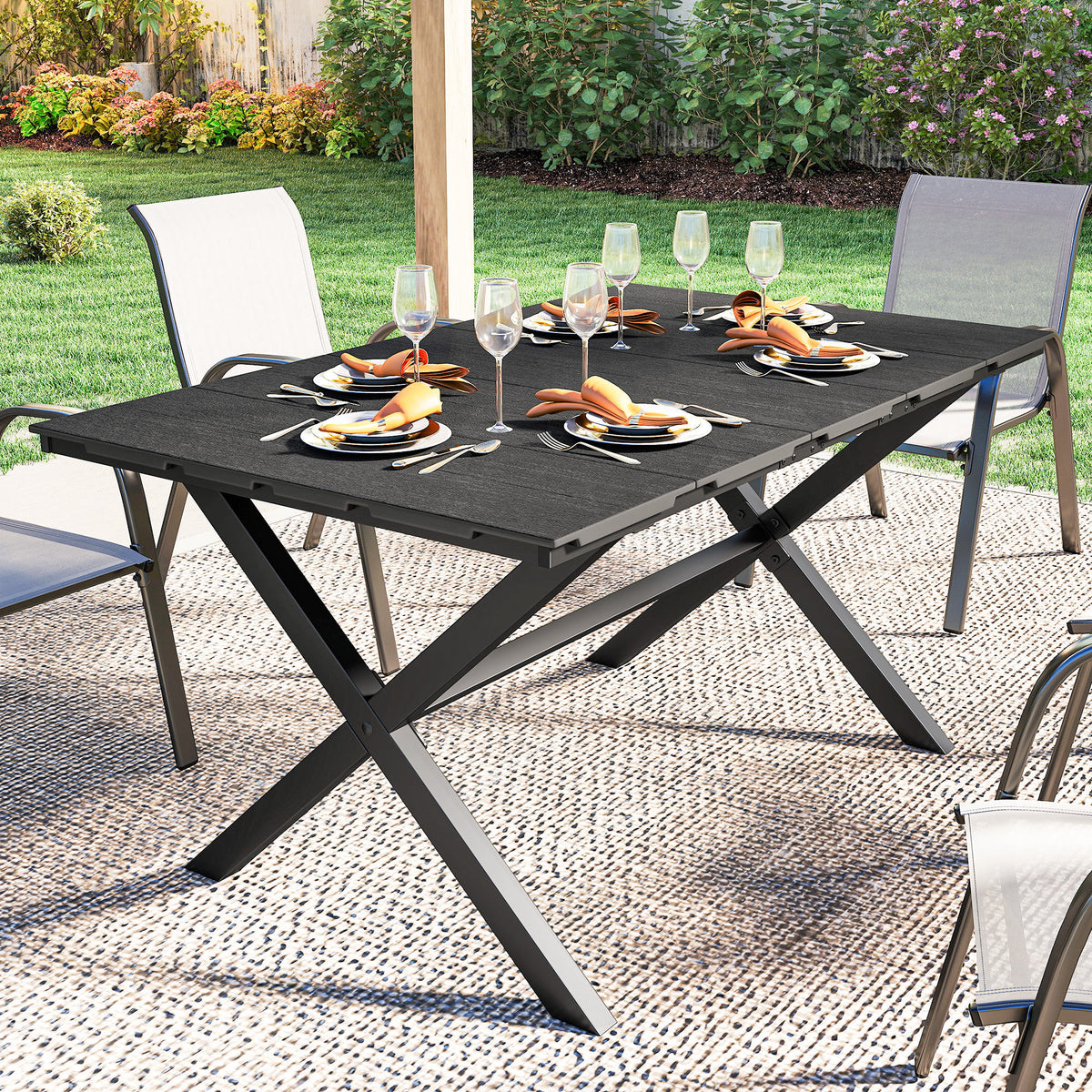 Mesa Comedor Jardín Outsunny Hdpe, Metal Negro 150x90x74 Cm_3