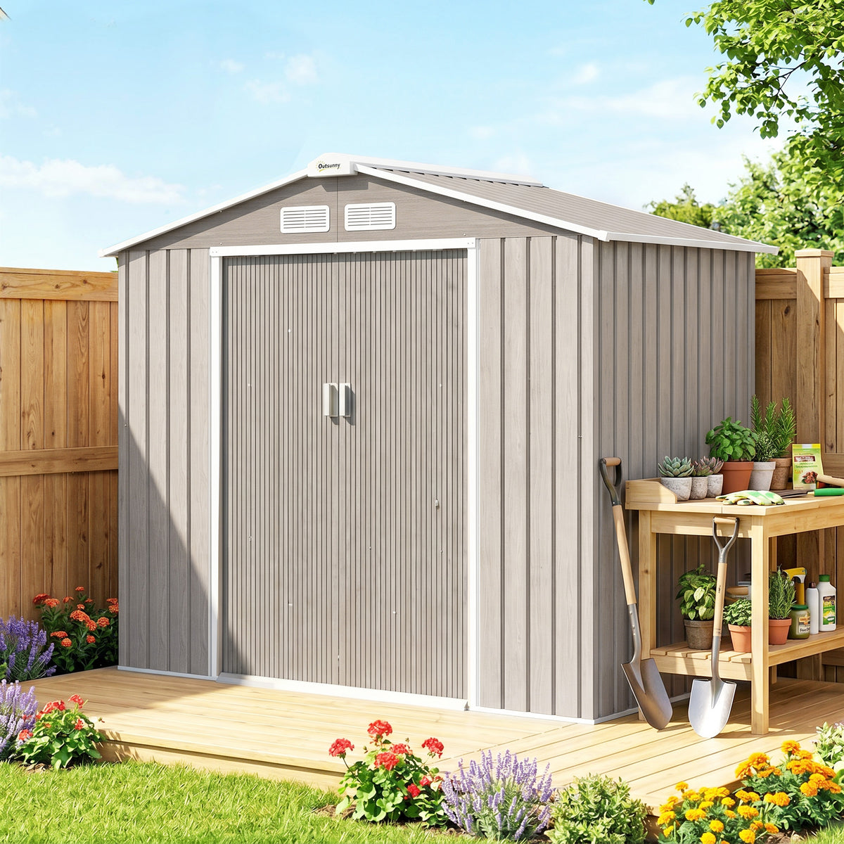Cobertizo De Jardín Outsunny Acero Galvanizado Madera Natural 213x130x185 Cm_1