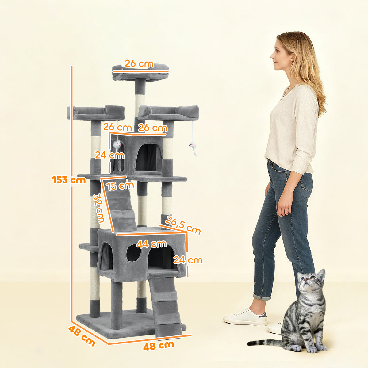 Pawhut Árbol Rascador Para Gatos 153 Cm Con 2 Cuevas 3 Camas 2 Rampas Gris_2
