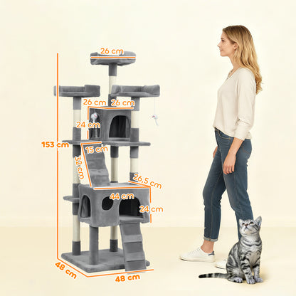 Pawhut Árbol Rascador Para Gatos 153 Cm Con 2 Cuevas 3 Camas 2 Rampas Gris_2