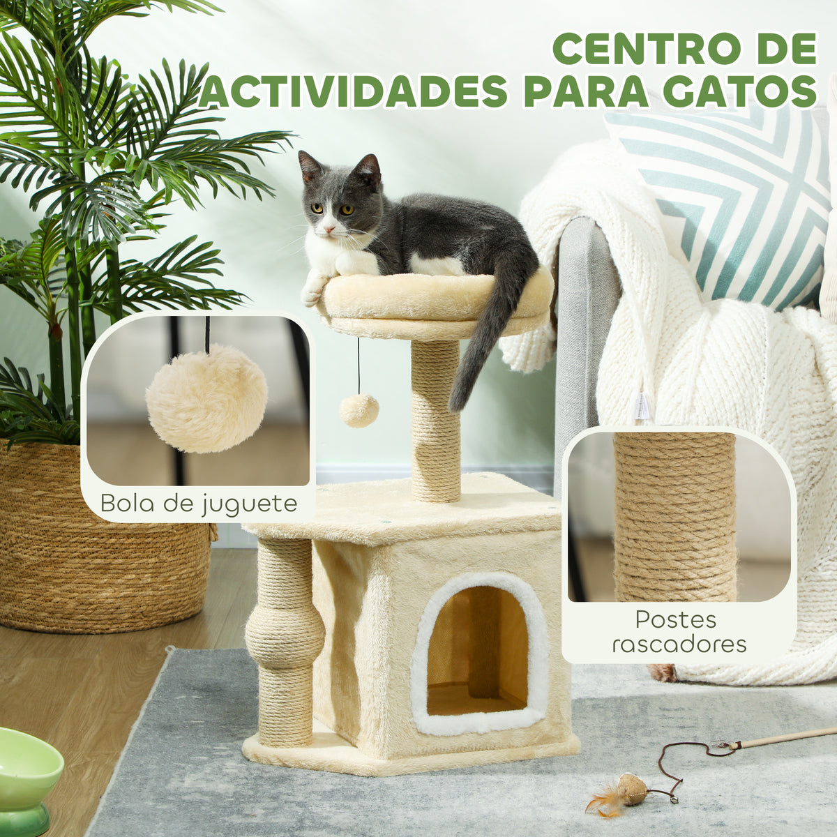 Pawhut Árbol Rascador Para Gatos Altura 66 Cm Con Cama Poste De Yute Beige_3