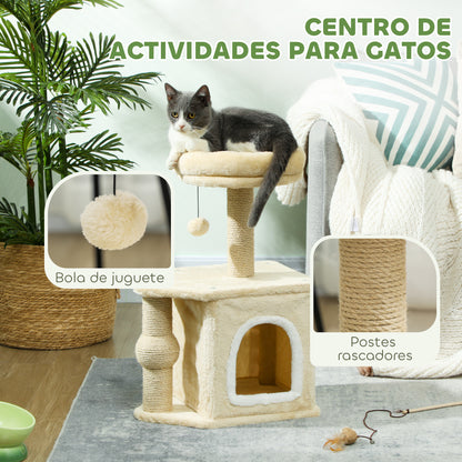 Pawhut Árbol Rascador Para Gatos Altura 66 Cm Con Cama Poste De Yute Beige_3