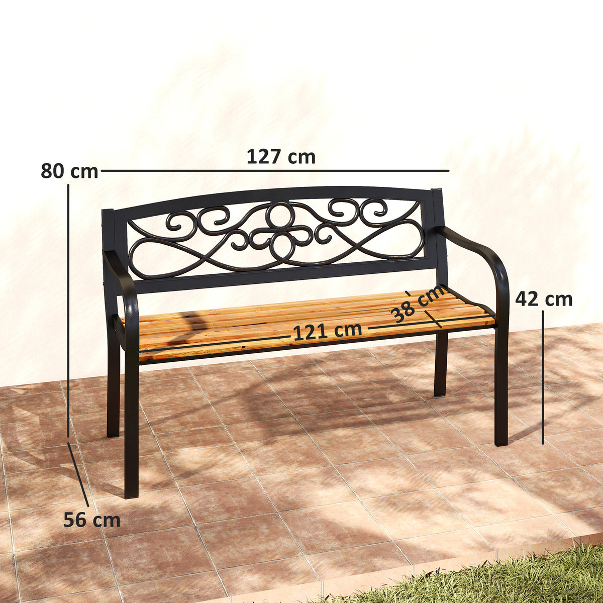 Banco De Jardín Outsunny Acero, Madera De Pino Negro 127x56x80 Cm_2