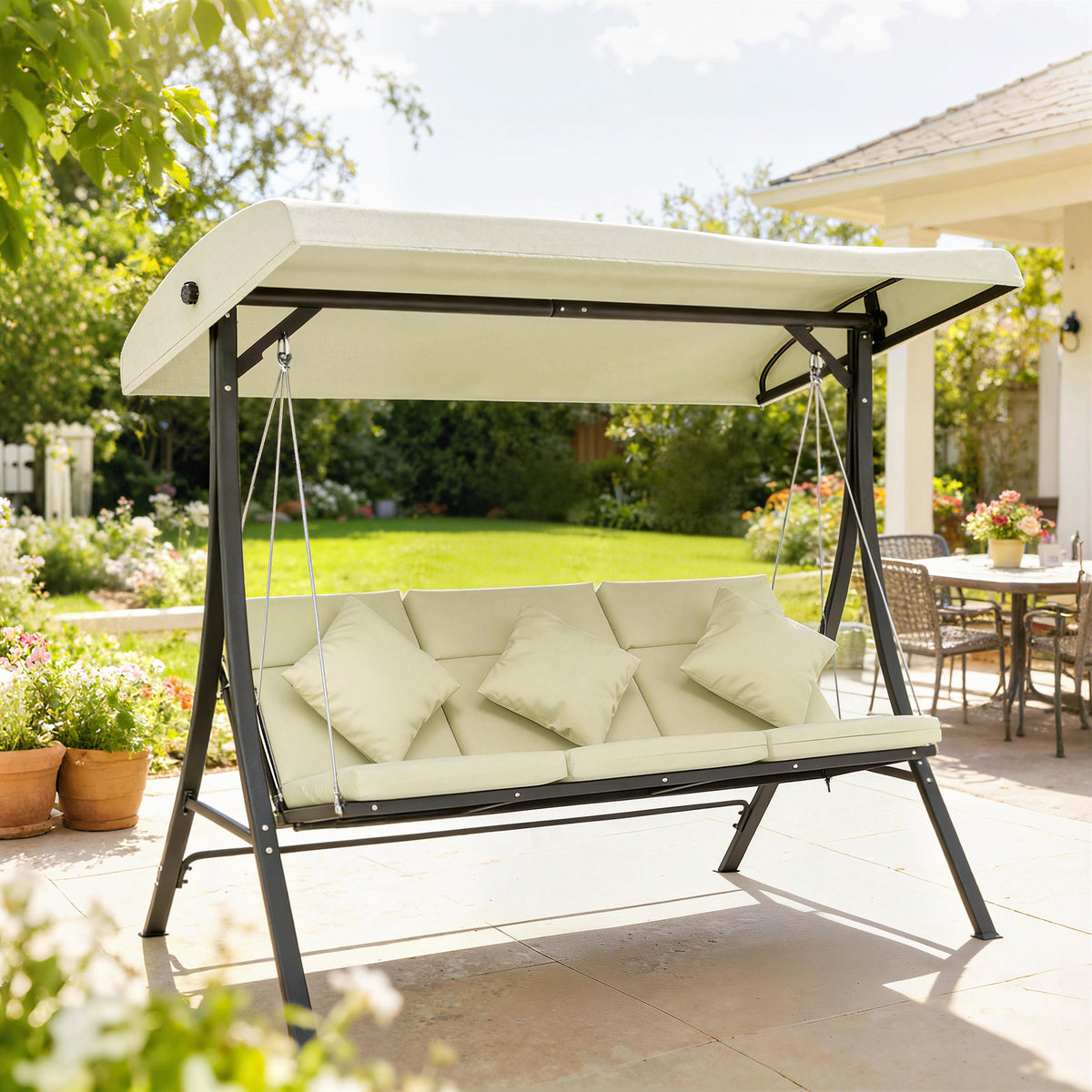 Columpio De Jardín Outsunny Acero, Poliéster Beige 202x115x168 Cm_1