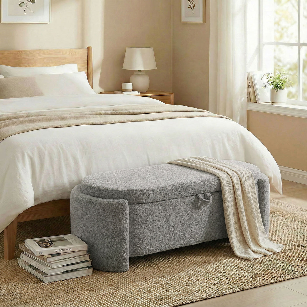 Banco De Almacenaje Homcom Terciopelo De Teddy Gris Claro 129x48.5x44 Cm_1