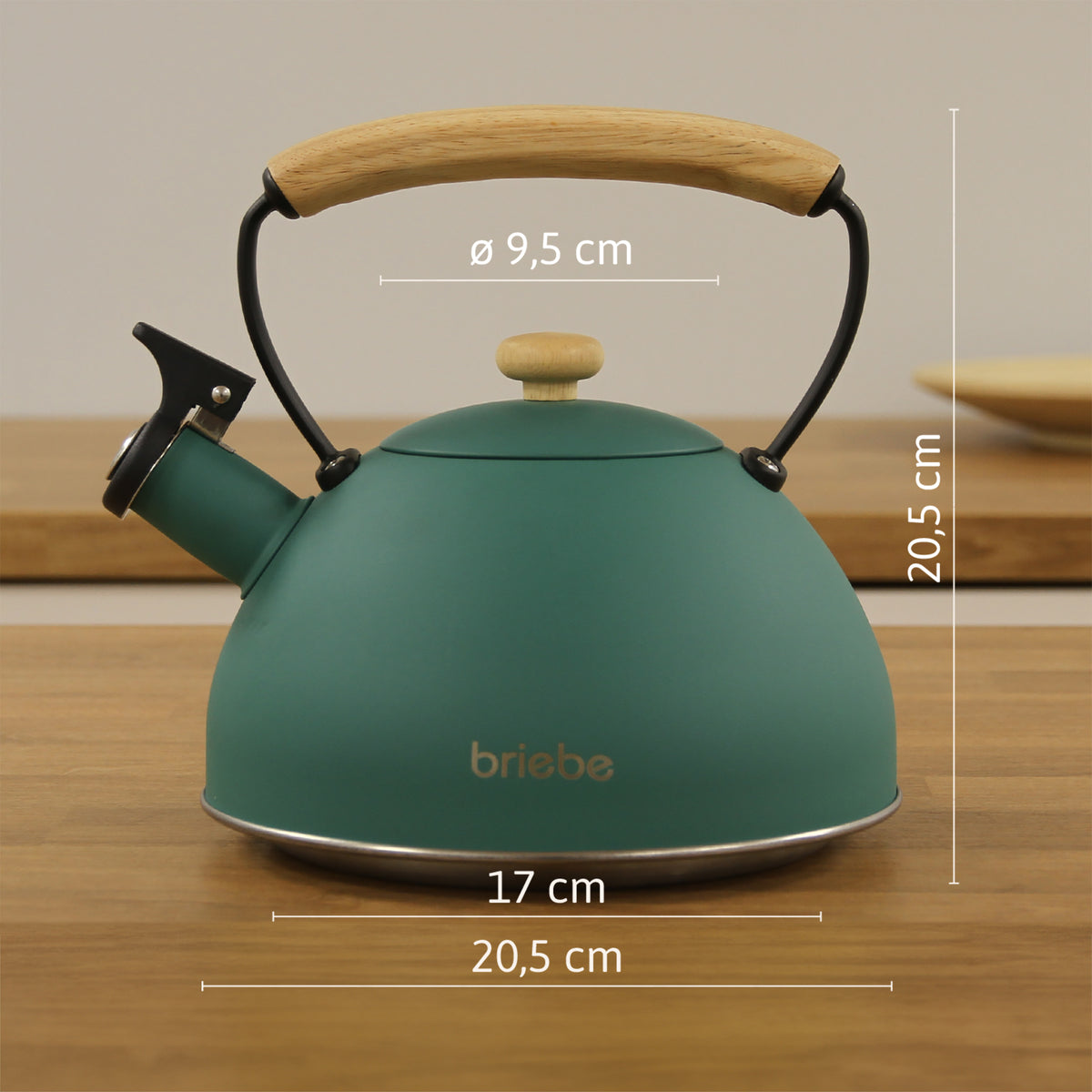 Briebe Tetera Con Silbato, Hervidor De Agua 2,3l, Inducción, Acero Inox, Vintage, Mango Madera, Nordic, Verde_5