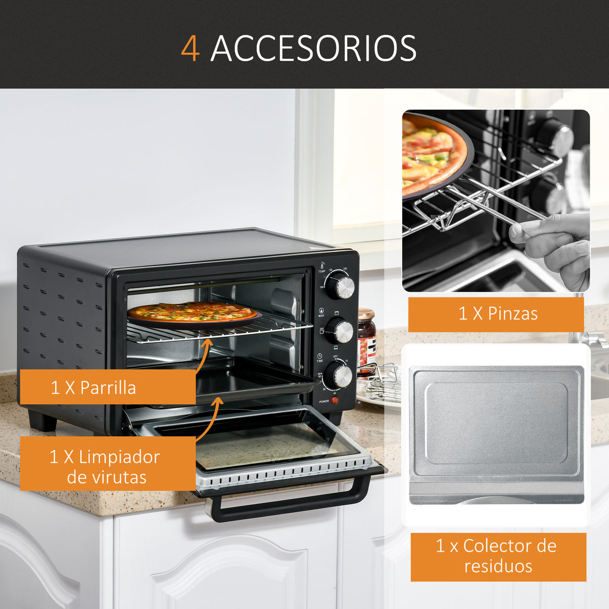 Horno Eléctrico Homcom Metal, Vidrio Templado Negro 46x38.5x29 Cm_5