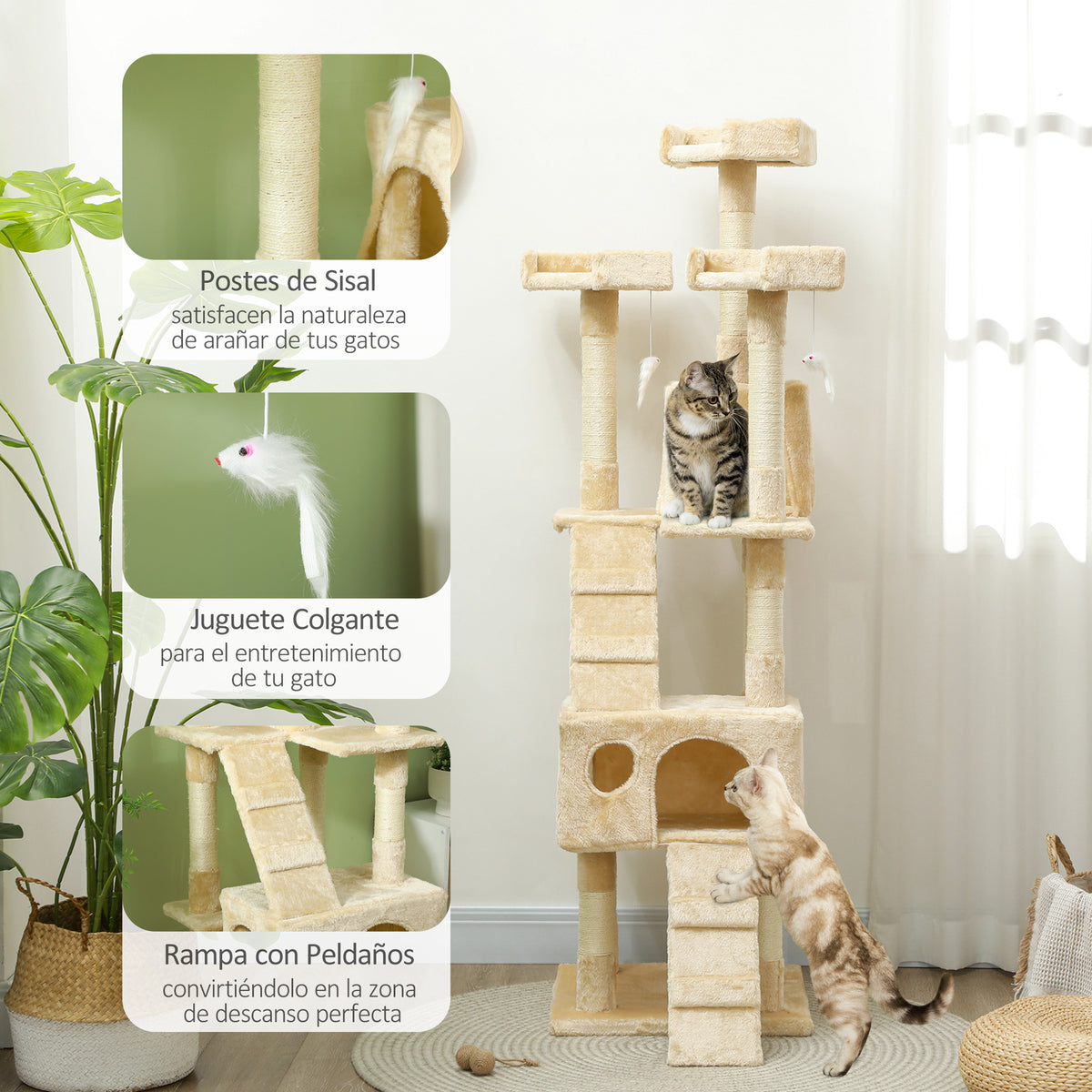 Pawhut Árbol Rascador Para Gatos Grande 49x49x173 Cm Con Múltiples Niveles Beige_4