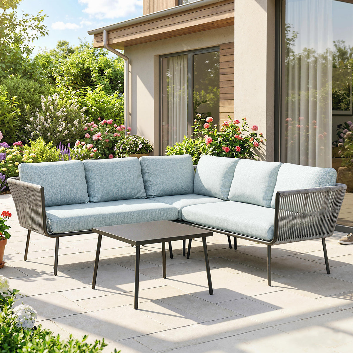 Conjunto De Jardín Outsunny Ratán Pe, Aluminio Azul Claro 191x191x65 Cm_1