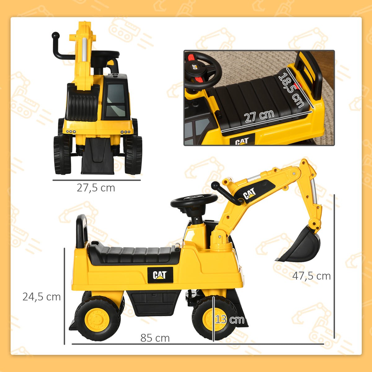 Excavadora Para Niños Homcom Pp, Metal Amarillo 85x27.5x47.5 Cm_2