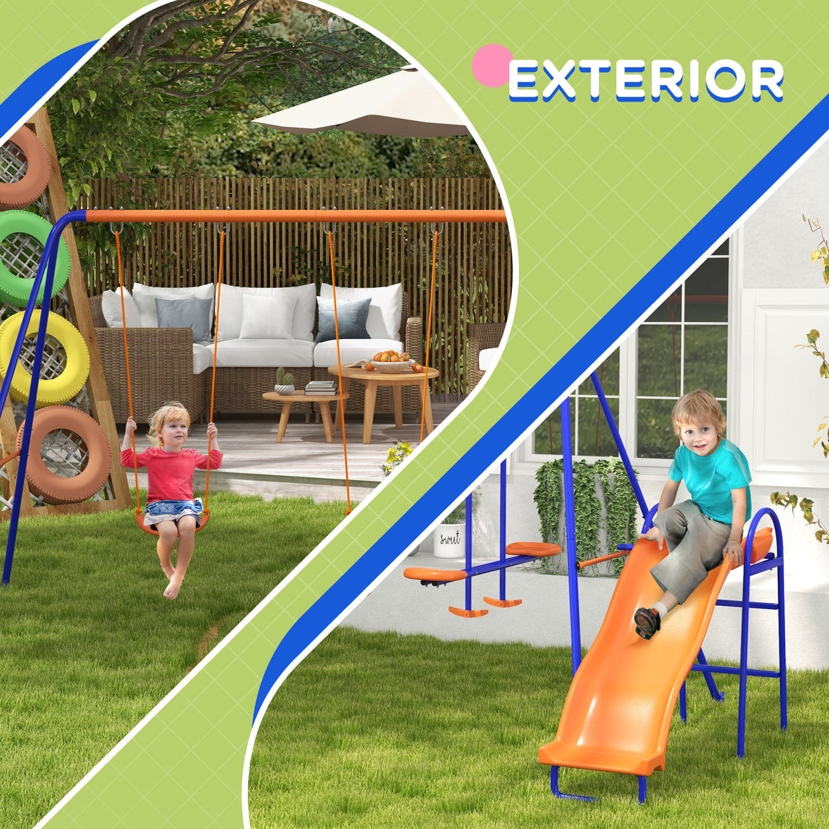 Columpio Infantil Outsunny Metal, Pe Multicolor 367x192x180 Cm_5